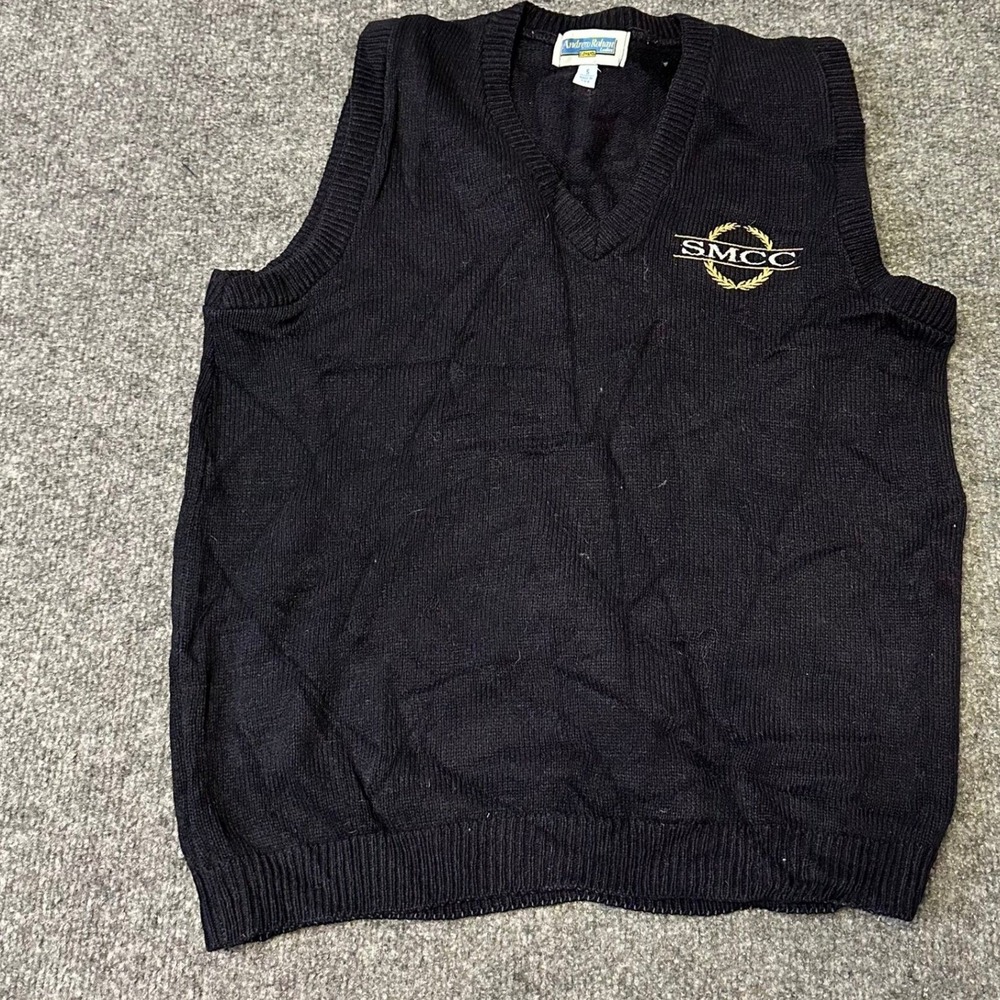 Andrew Rohan Sweater Vest Womens Size S Navy Blue V-Neck SMCC Logo Made in USA